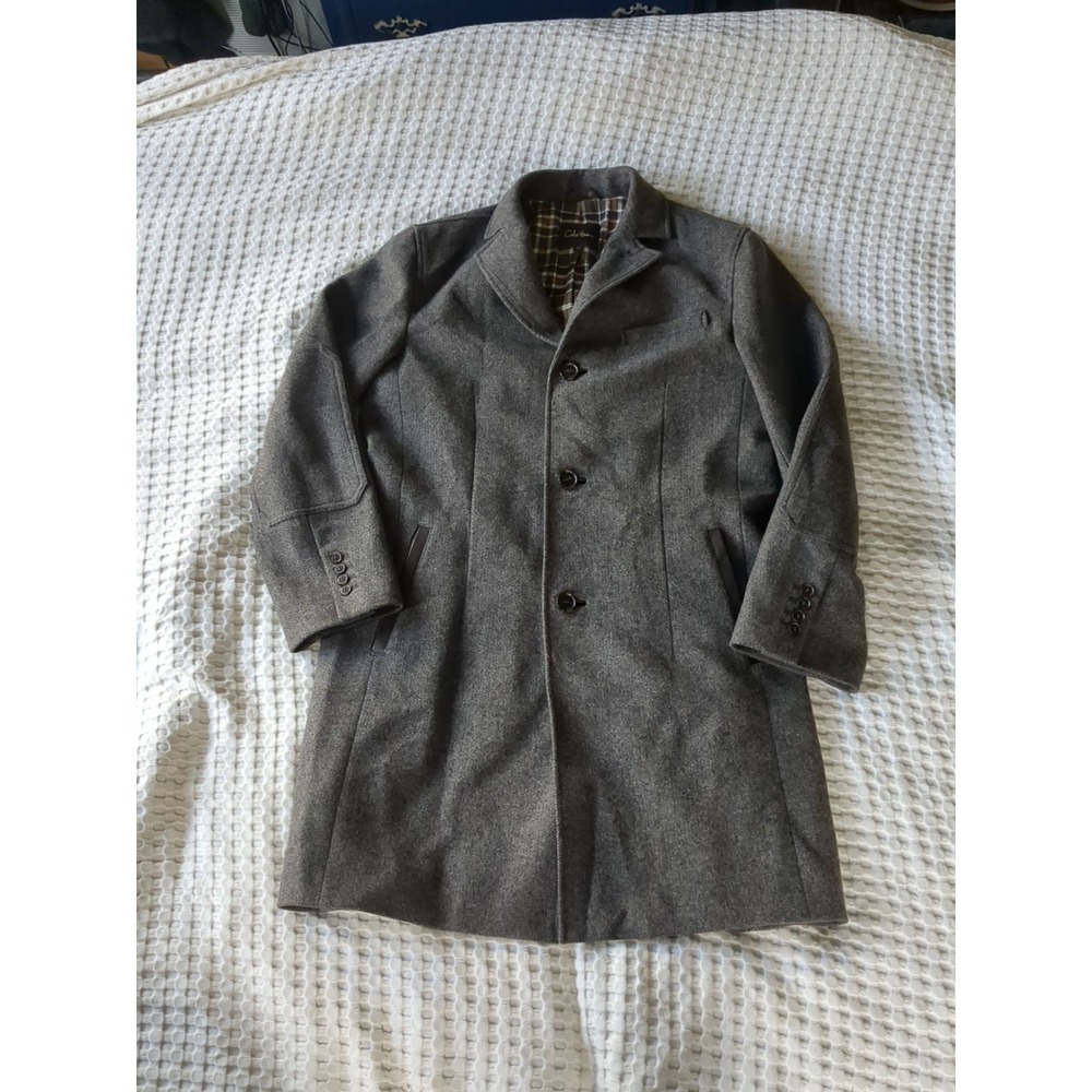 Cole‎ Haan Wool Coat Herringbone Long Button Elbow Patch Flannel Lined Medium